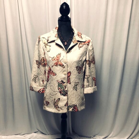 Alfred Dunner Jacket Womens Size 12P Cream Butterflies Buttons Pockets Blazer - Picture 1 of 6